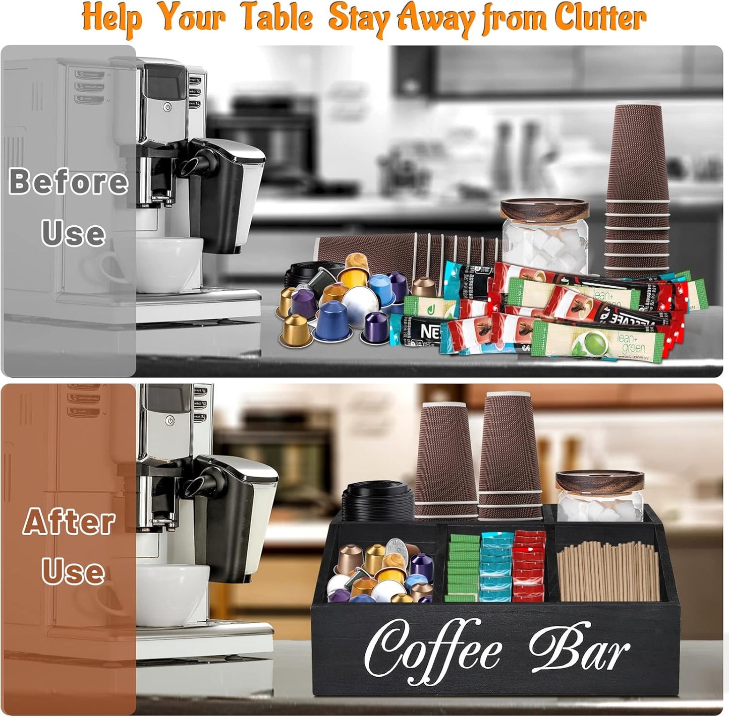 ugiftt Coffee Station Organizer for Counter, Wood Coffee Pods Holder Storage Basket, Tea Condiment Storage Organizer, Rustic Bar Decor for Accessories Organizer