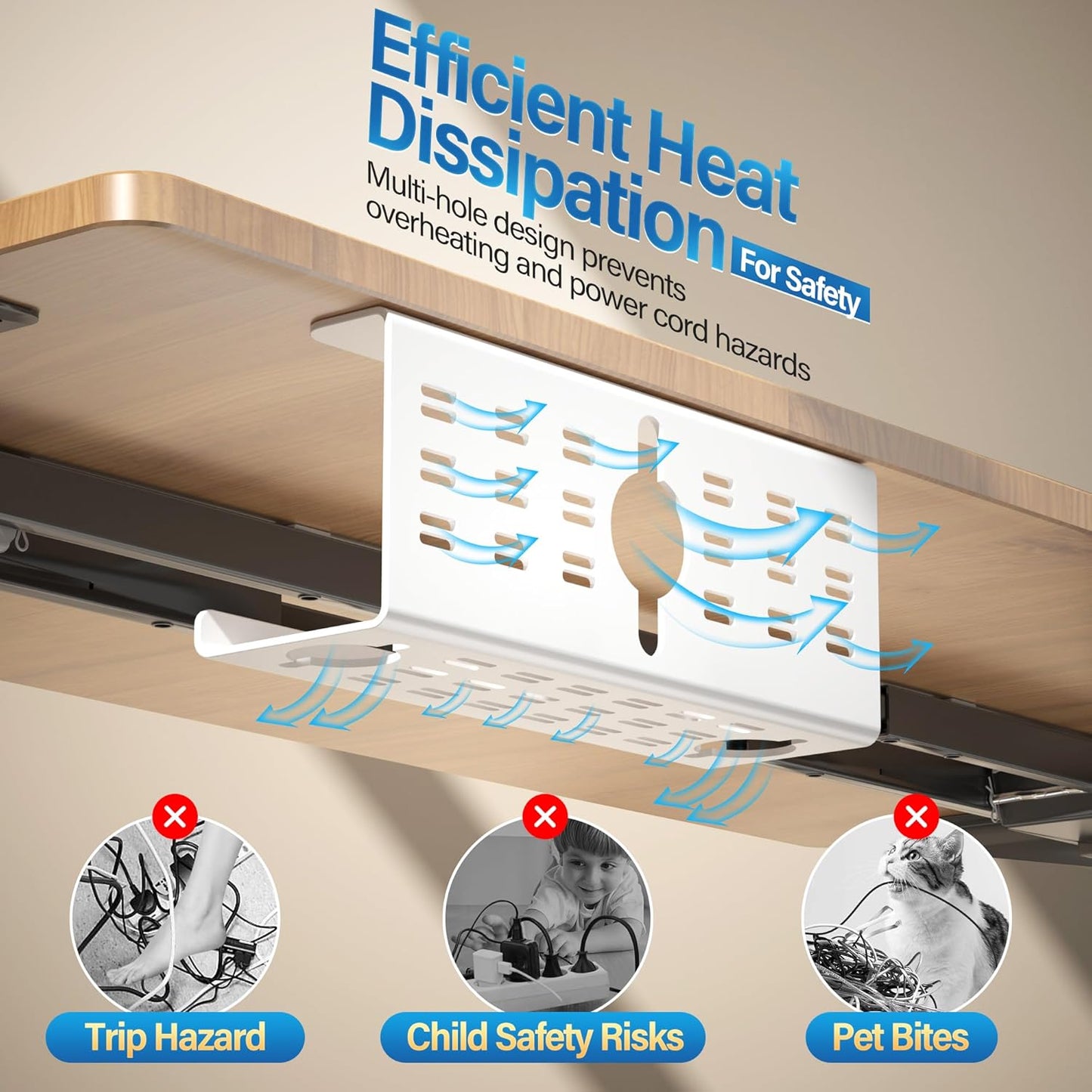 2 Pack Cable Management Under Desk White, Cinati 32" Large Cable Management Tray, Under Desk Alloy Steel Wire Organizers, Cord Hider Tray for Office and Home - Tape or Screw Installation