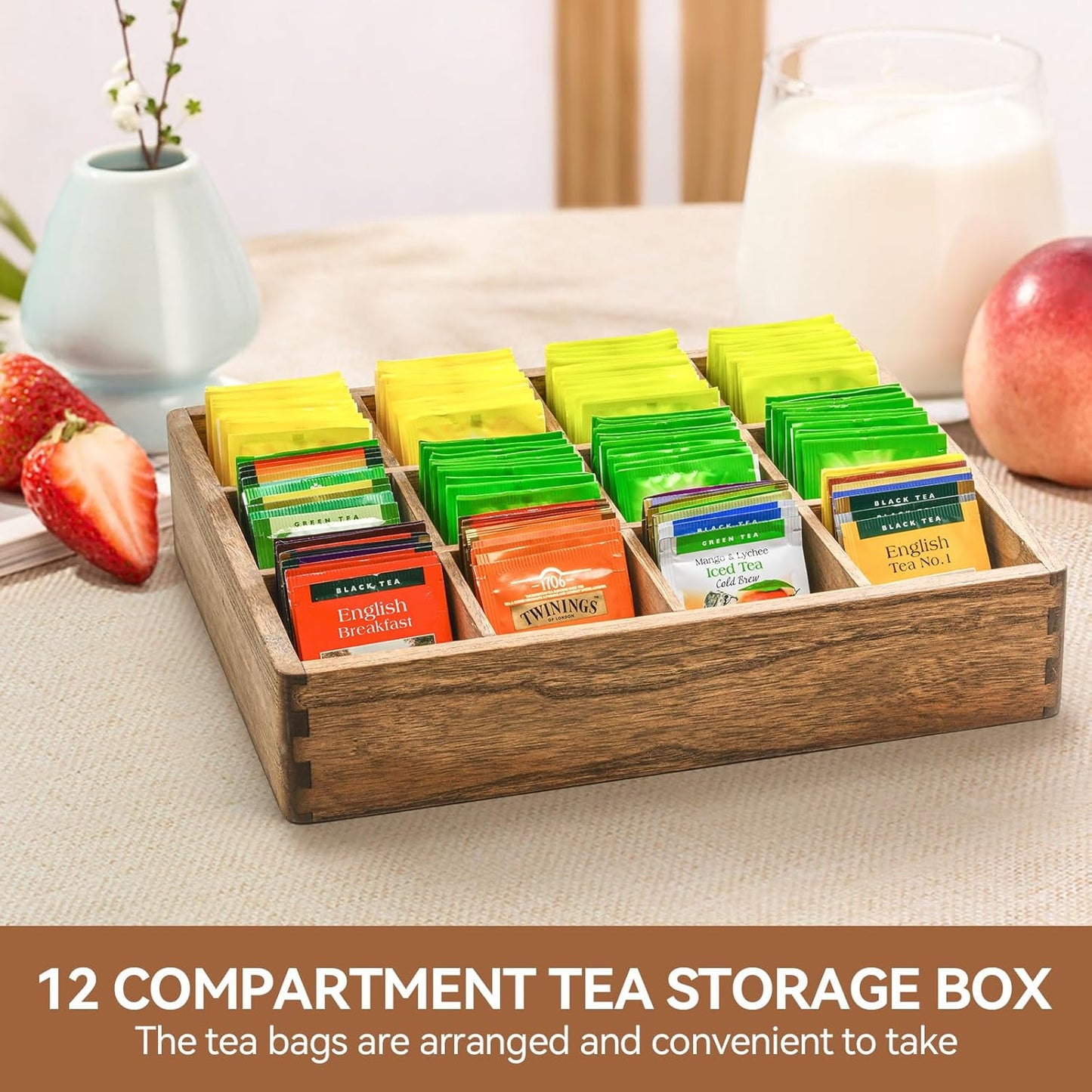 KIRIGEN Wood Tea Organizer 12 Compartments Tea Bag Holder Wooden Tea Bag Storage Box for Home and Office CYH12-DBR