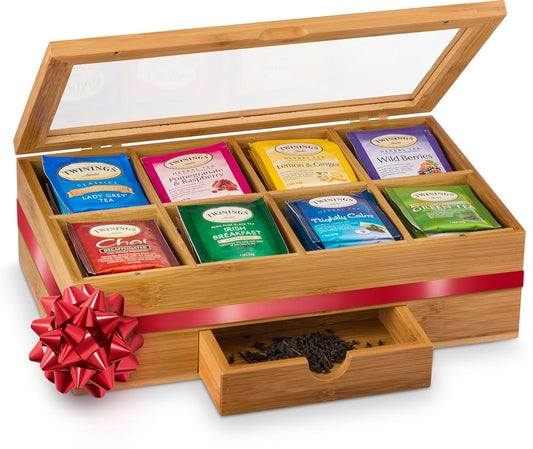 Tea Bag Organizer - Bamboo Tea Box Organizer Storage Box, Tea Bag Holder with Drawer & Acrylic Window, Magnetic Lid Keeps Tea Bags Fresh - Tea Organizer Caddy (Tea Not Included) Ideal Christmas Gifts