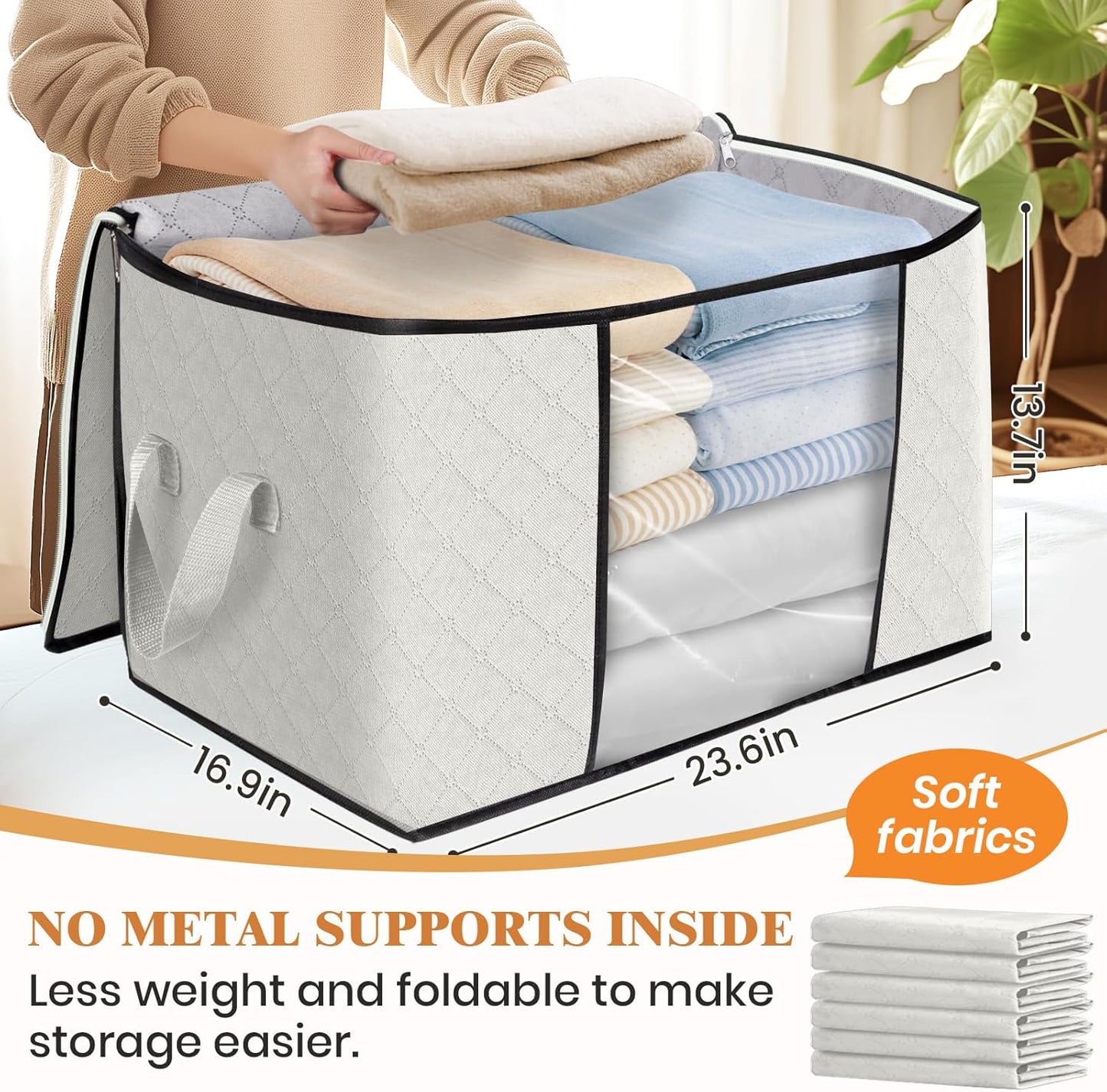 Fab totes 24 Gallons Clothes Storage, Foldable Thick Fabric Blanket Storage Bags, Containers for Organizing Bedroom, Closet, Clothing, Comforter, Organization with Handle (6 Pack,Ivory)
