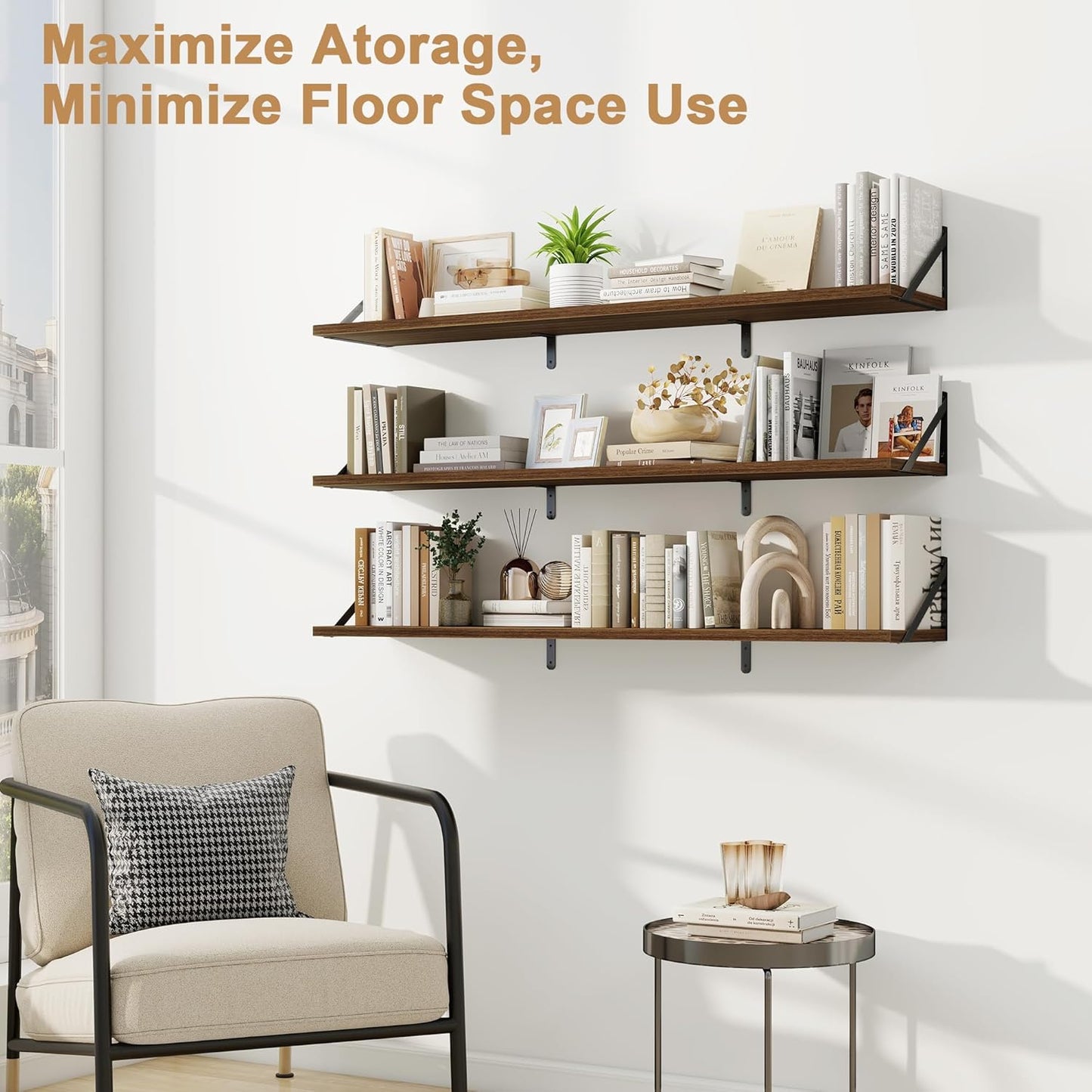 Fun Memories Extra Long Floating Wall Shelves, 48 x 8 Inches, Set of 3 Large Wood Floating Bookshelves with Metal Brackets for Storage & Display (Walnut)