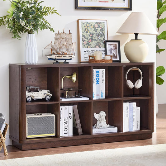 8 Cube Bookcase, 52" Long Horizontal Book Shelf w/Curved Edge, Floor Standing 2-Tier Cubby TV Stand Bookshelf with Wooden Base, Farmhouse Low Storage Cabinet for Living Room, Office, Walnut