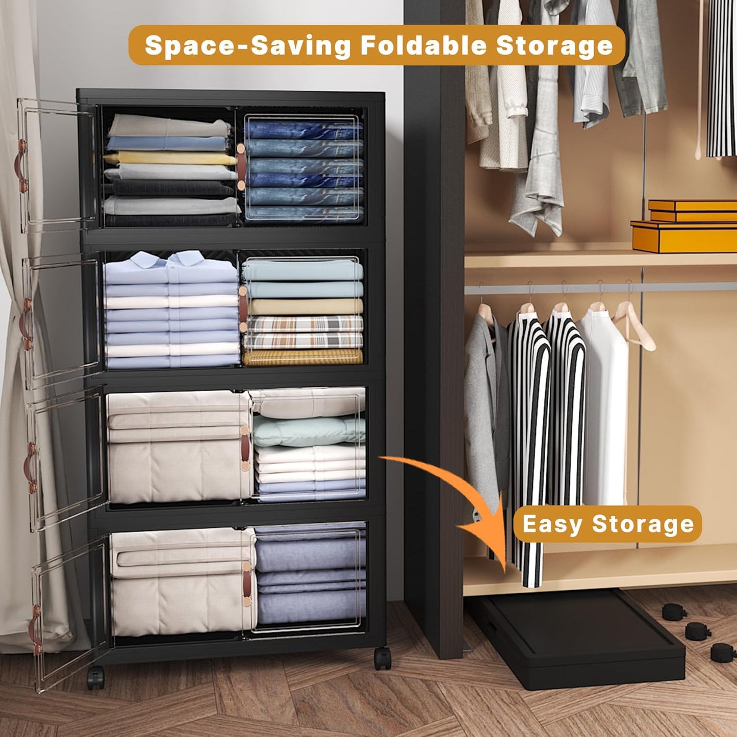 Extra Large Stackable Storage Bins with Lids & Wheels & Door, 896QT-112QT/28GAL*8Pack Foldable Collapsible Closet Organizers, Plastic containers drawers for bedroom Dorm