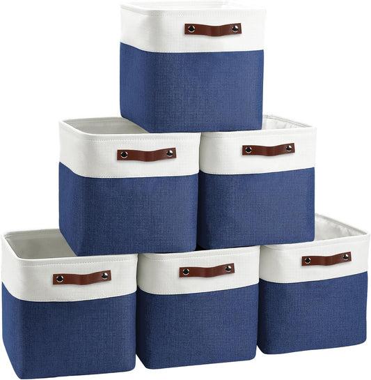 Cube Storage Baskets 6 Pack, 11x11 inch Foldable Cube Storage Bins with Leather Handles for Shelf Closet Nursery Toys (White/ Blue)