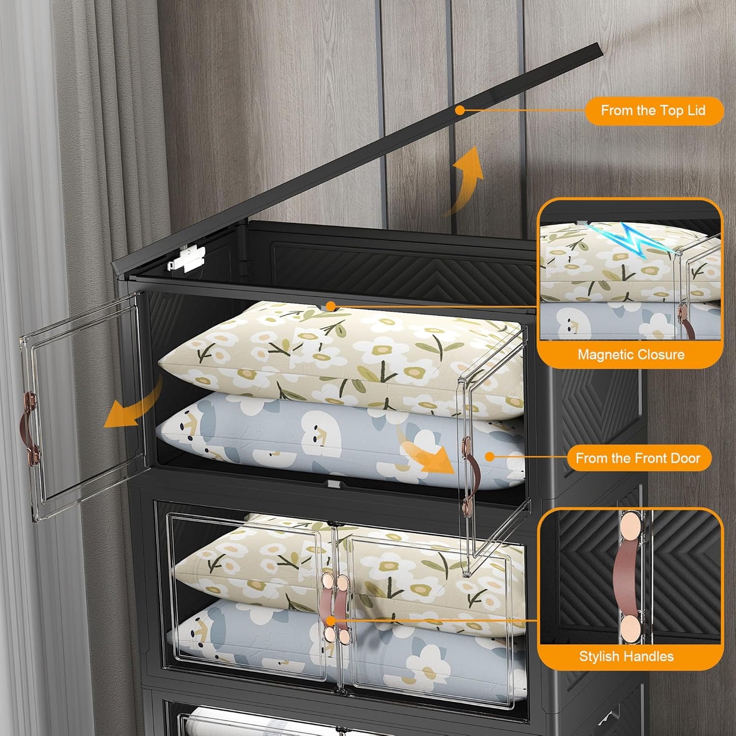 Extra Large Stackable Storage Bins with Lids & Wheels & Door, 640QT-160QT/40GAL*4Pack Foldable Collapsible Closet Organizers, Plastic containers drawers for bedroom Dorm