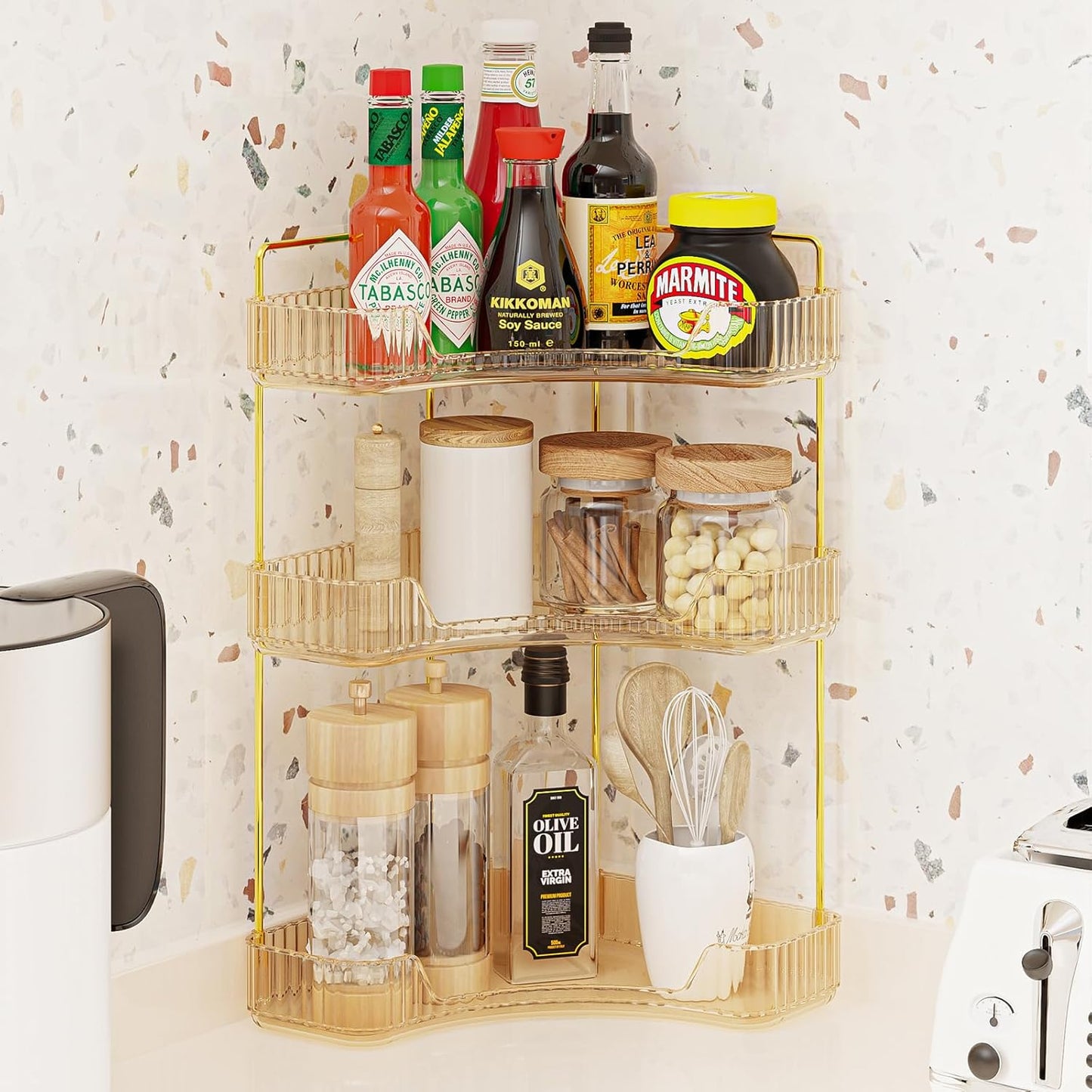 3-Tier Corner Bathroom Counter Organizer, Plastic Bathroom Organizer Countertop, Makeup Organizer for Vanity Perfume Tray Holder for Corner Storage, Amber