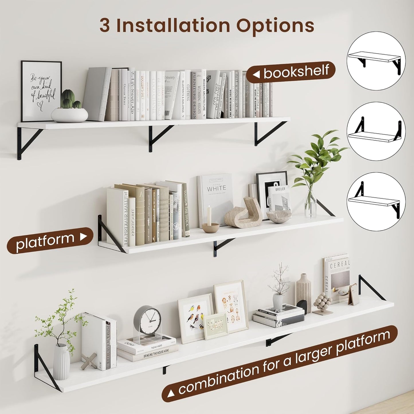 Axeman Deep Floating Shelves for Wall - 55 Inch Wide x 10 Inch Deep White Floating Shelves Set of 2 - Wide Wall Shelves for Living Room Bathroom Bedroom