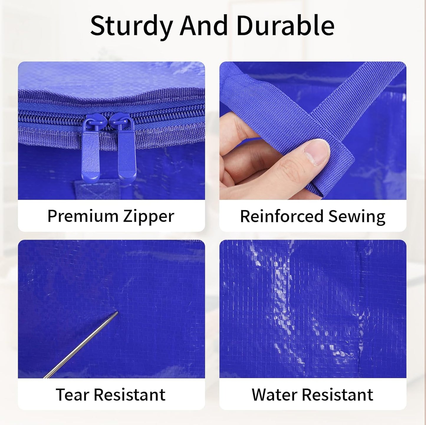 8 Pack-Extra Large Heavy Duty Moving Bags - Waterproof Storage Totes with Handles & Zippers, Foldable for College Dorm, Storage (Blue)