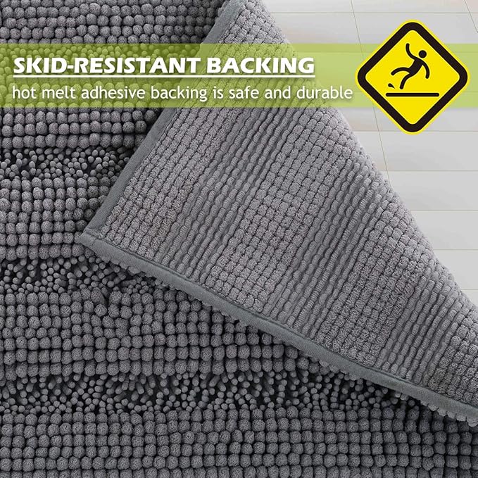 KGORGE Grey Bath Mat - Quick Drying Soft Bathroom Rugs Non-Slip Absorbent Machine Washable Shaggy Chenille Shower Carpet for Tub Kitchen Entryway, 47 x 17, 1 Piece