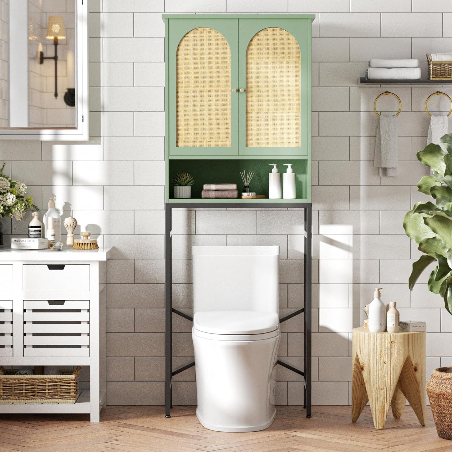 Rattan Over The Toilet Storage Cabinet, Bathroom Organizers and Storage Over Toilet with Rattan Door and Metal Stand, Tall Storage Shelves Above Toilet, Wood Rack for Restroom, Laundry, Foam Green
