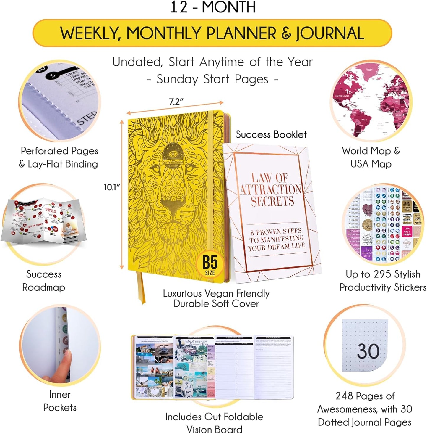 Law of Attraction Planner – Undated Hourly, Weekly & Monthly Goal Setting Planner, 12-Month to Increase Productivity | Life & Gratitude Journal, Include Foldable Vision Board, Gift Box & Stickers