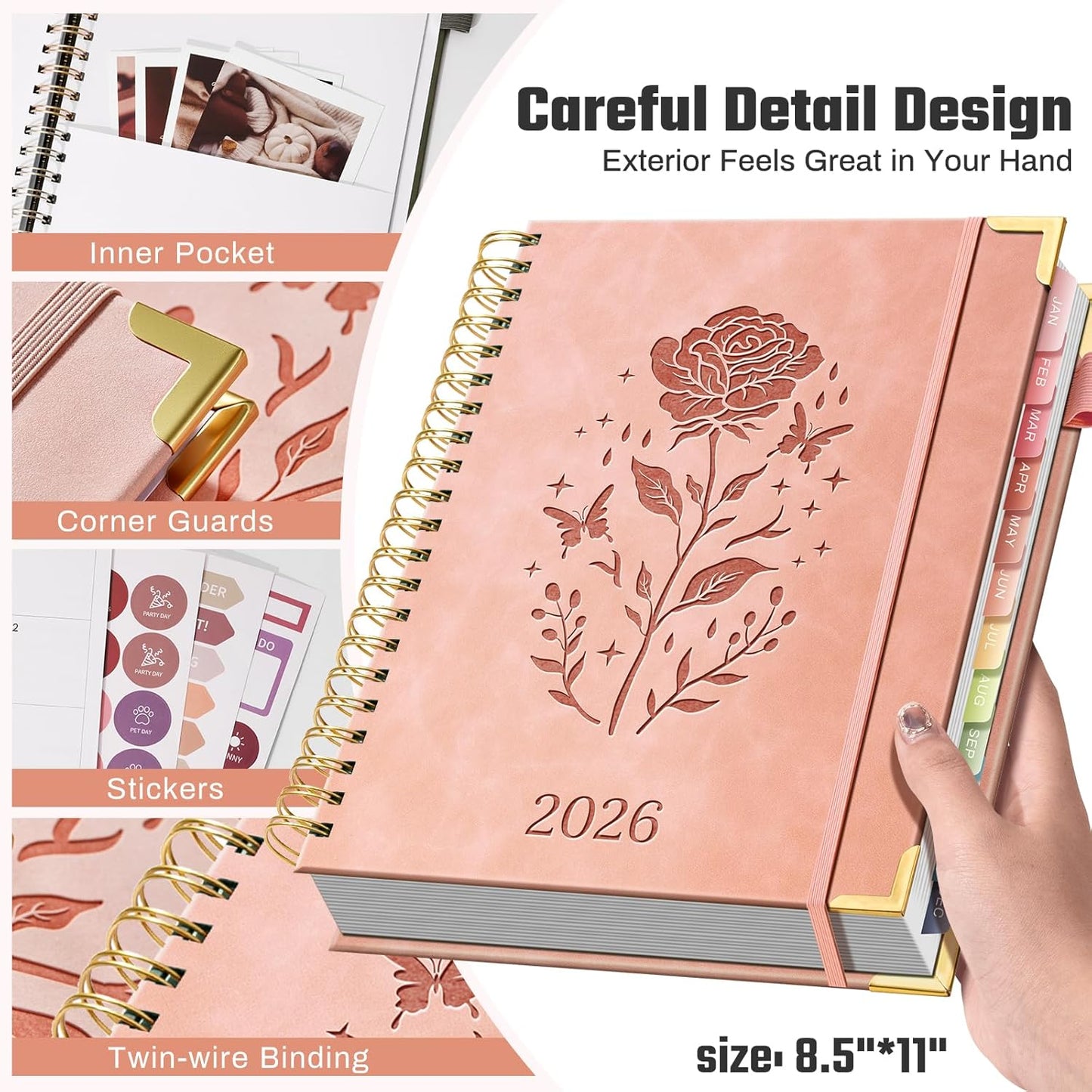 2026 Planner Hardcover Weekly & Monthly Calendar Planner for Women Jan 2026 - Dec 2026 8.5" x 11" Daily Agenda Book with Tabs Spiral Bound Inner Pocket Perfect for School Office, Pink(Rose)