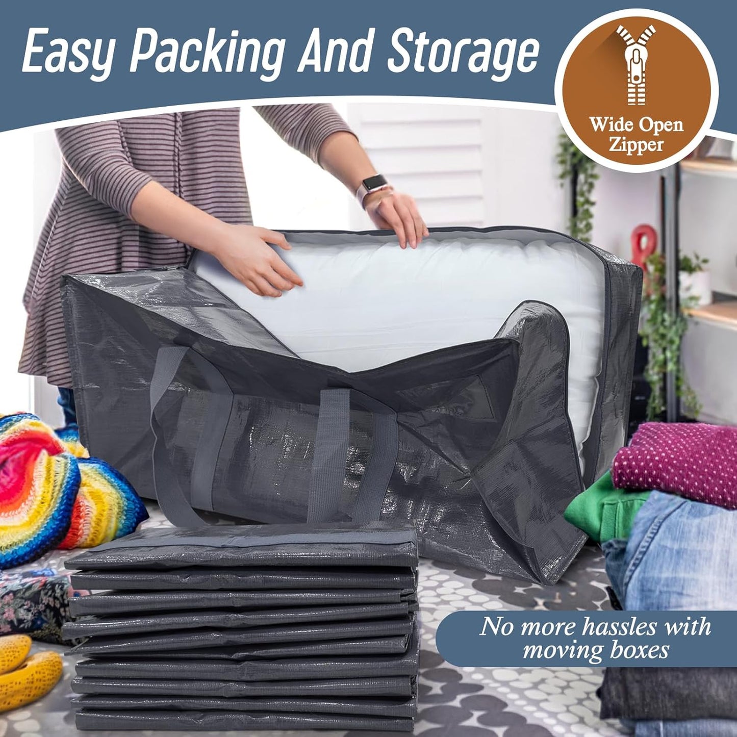 6 Pack Extra Heavy Duty Large Moving Bags with Strong Zipper & Comfortable Handles, Sturdy & Durable Clothes Storage Bags Totes Bins, Packing Moving Boxes for College Supplies, Gray