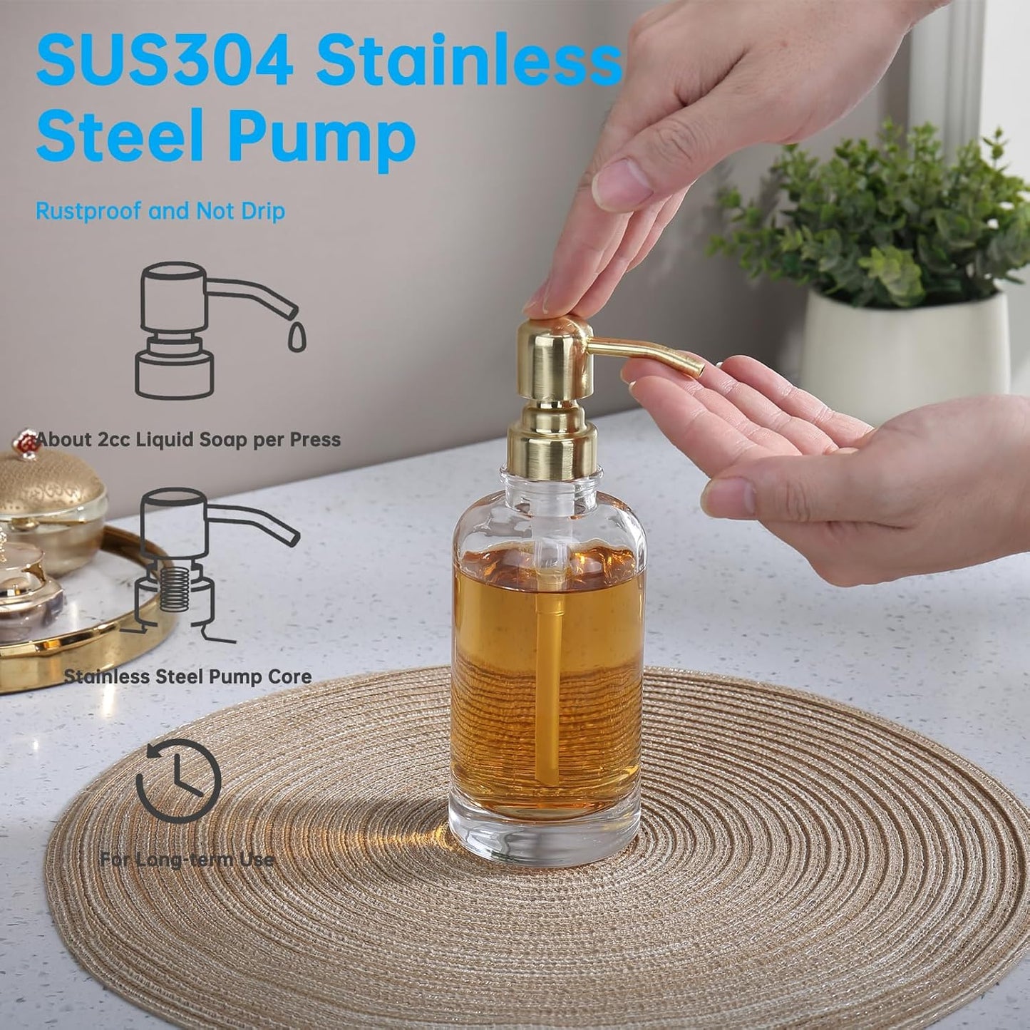 Bathroom Soap Dispenser Brushed Gold, 11 oz Glass Cylindrical Bottles with Stainless Steel Pump Liquid Hand Soap Dispenser Kitchen