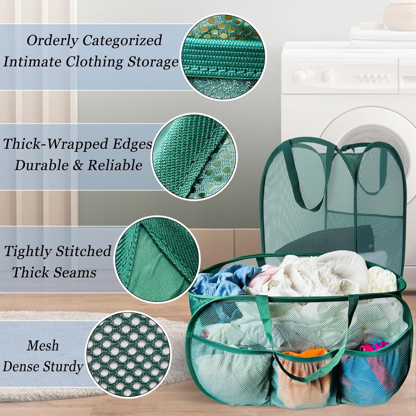 Collapsible Laundry Basket 2 pack, Mesh Pop Up Laundry Hampers with Handles, Anti-tear, Light Breathable, Odor-free, Fold Compact, Large Hold Portable Travel Laundry Bag for Home Bin, Green. H+V