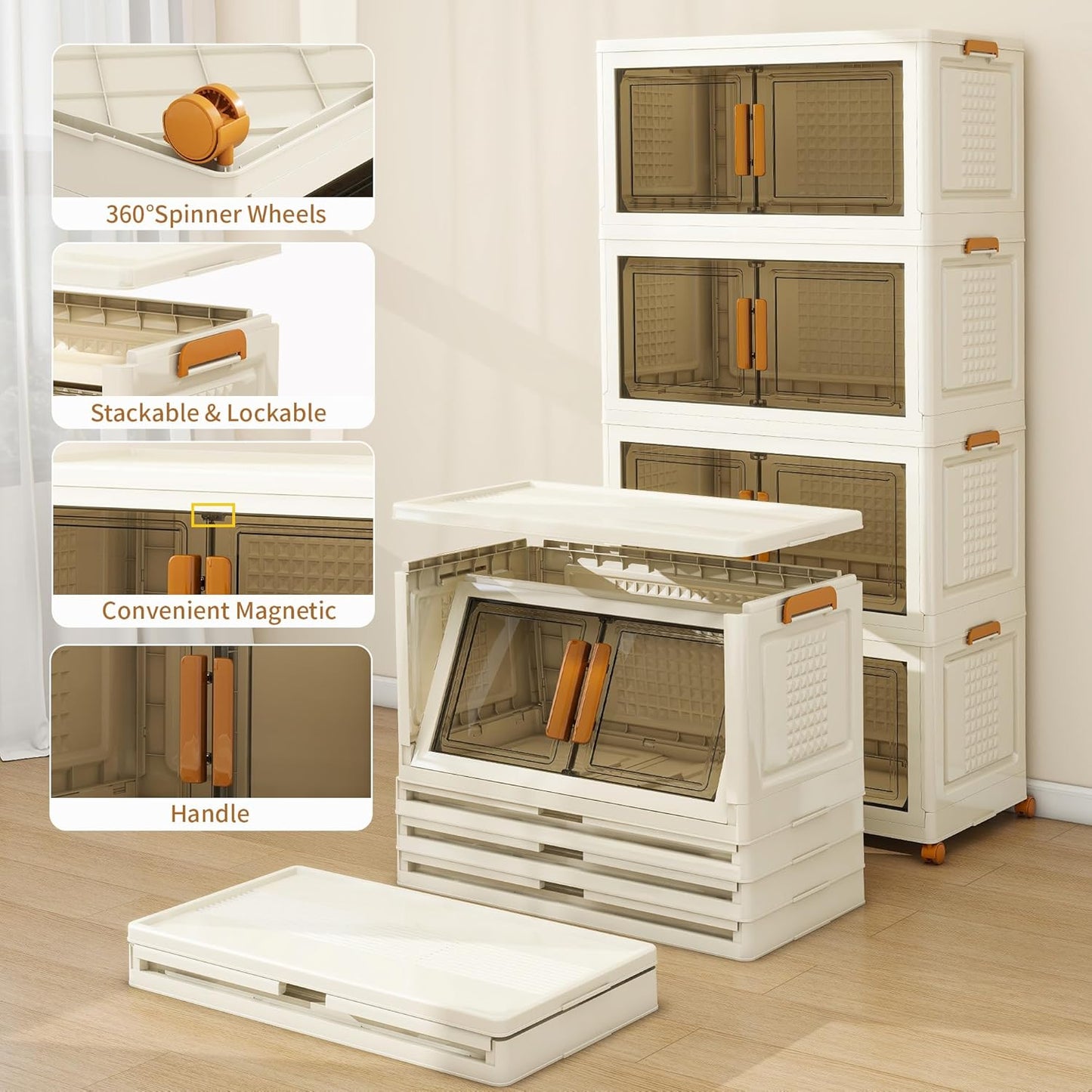 Plastic Stackable Storage Bins with Lids and Wheels, Foldable Closet Organizers and Storage Containers, Collapsible Clear Drawer Storage Cabinet with Doors White 89.6Gal