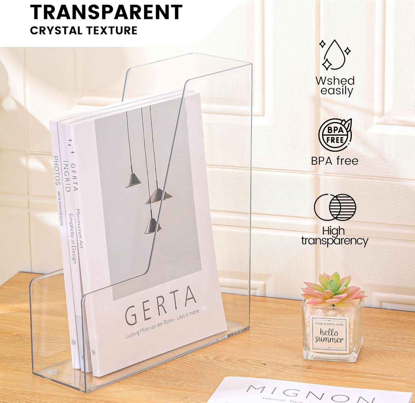 Vertical File Holder, Clear PET Desk Organizer and Storage Bins Holding for Magazines, Binders, Notebooks, Envelopes, Multi-purpose Plastic Document Organizer for Home Office, 4 pack