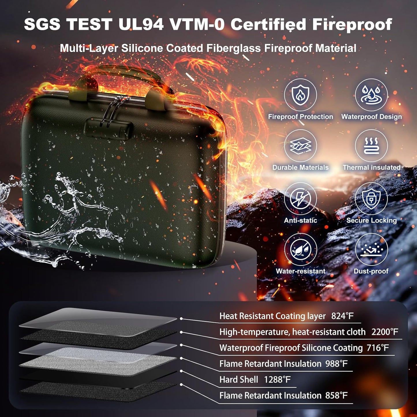 Fireproof Document Box, Hard Case Fireproof File Organizer Box with Lock and 13 Pocket Accordion File Folder, Portable Safe Box for Home Office Travel to Storage Important Documents Laptop Green