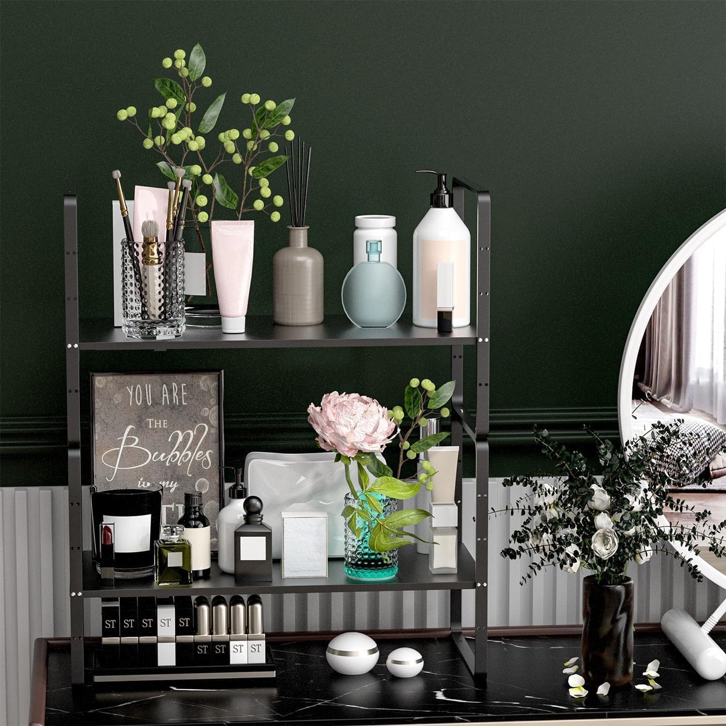 Redrubbit Expandable Cabinet Shelf Organizers, Stackable Kitchen Counter Shelves Spice Rack for Kitchen Bathroom Pantry Cupboard Desk Home Office, Metal Plate Heavy Duty Nonslip Black