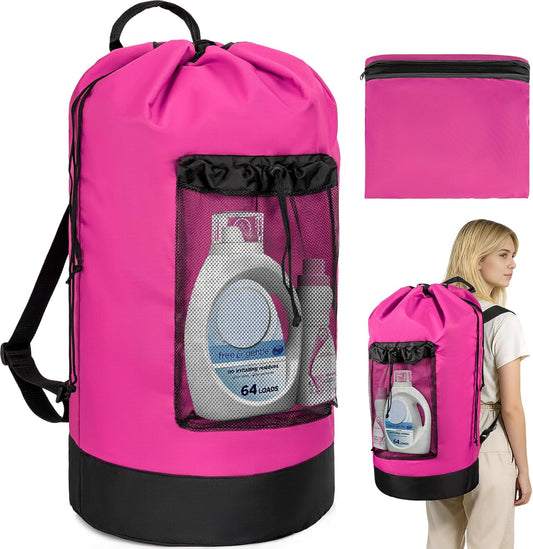 Laundry Bag Backpack with Shoulder Straps and Mesh Pocket Foldable Clothes Hamper Bag with Drawstring Closure for College, Apartment, Laundromat (Pink)