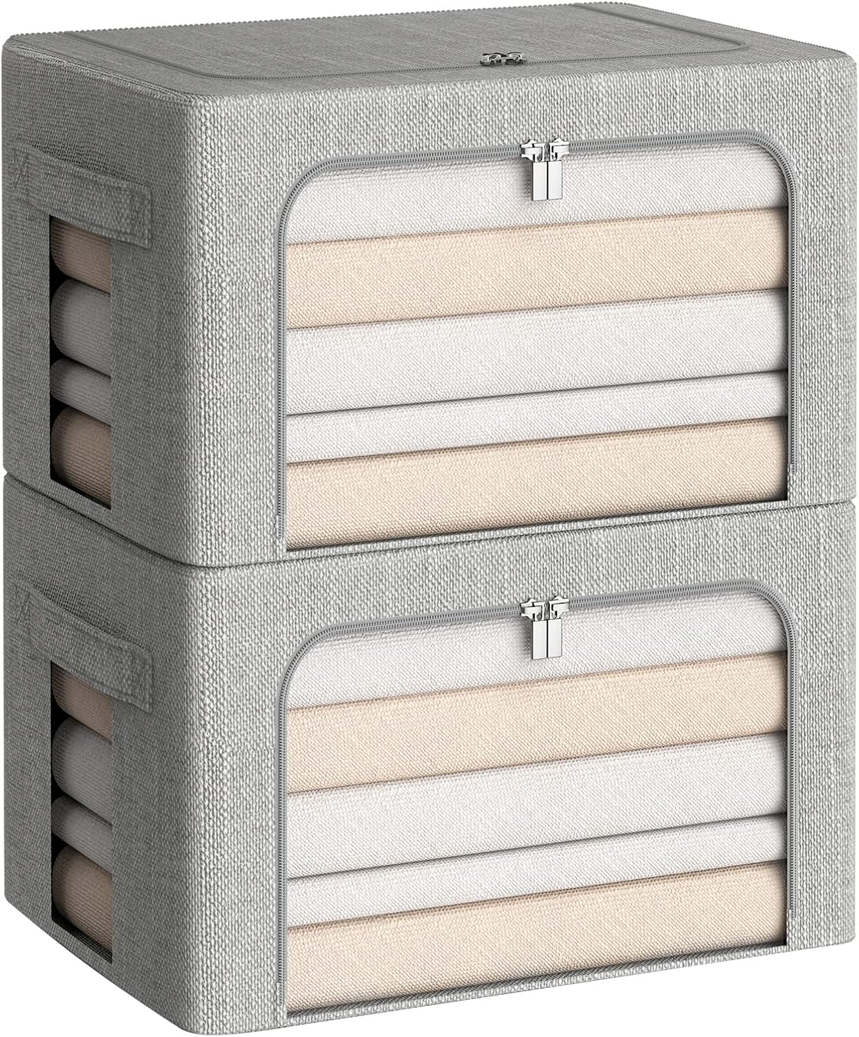 CYhom Clothes Storage Bins Box - Linen Fabric Foldable Stackable Container Organizer Set with Clear Window & Carry Handles & Metal Frame (Light Grey, Medium-36L)