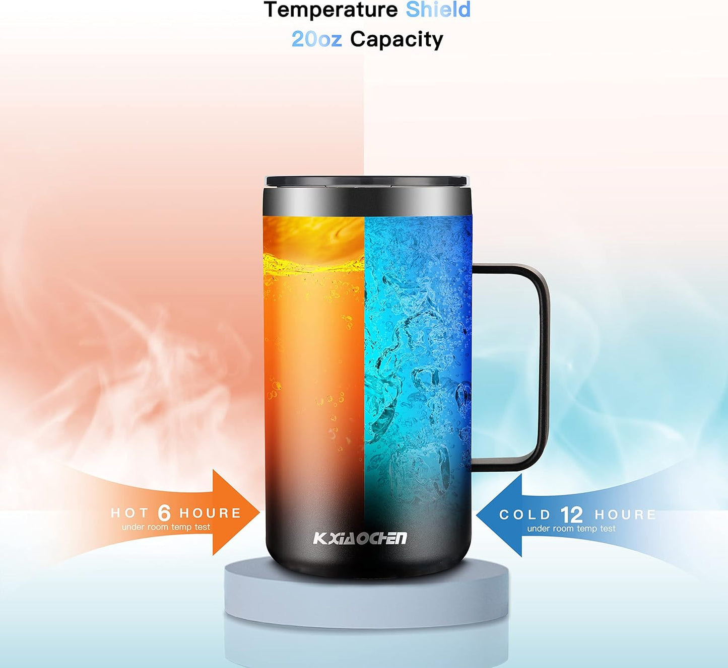 KXIAOCHEN 20oz Insulated Coffee Mug with Lid, Stainless Steel Coffee Cup, Double Wall Vacuum Coffee Tumbler with Handle, Premium Thermal Travel Coffee Mug (Black)