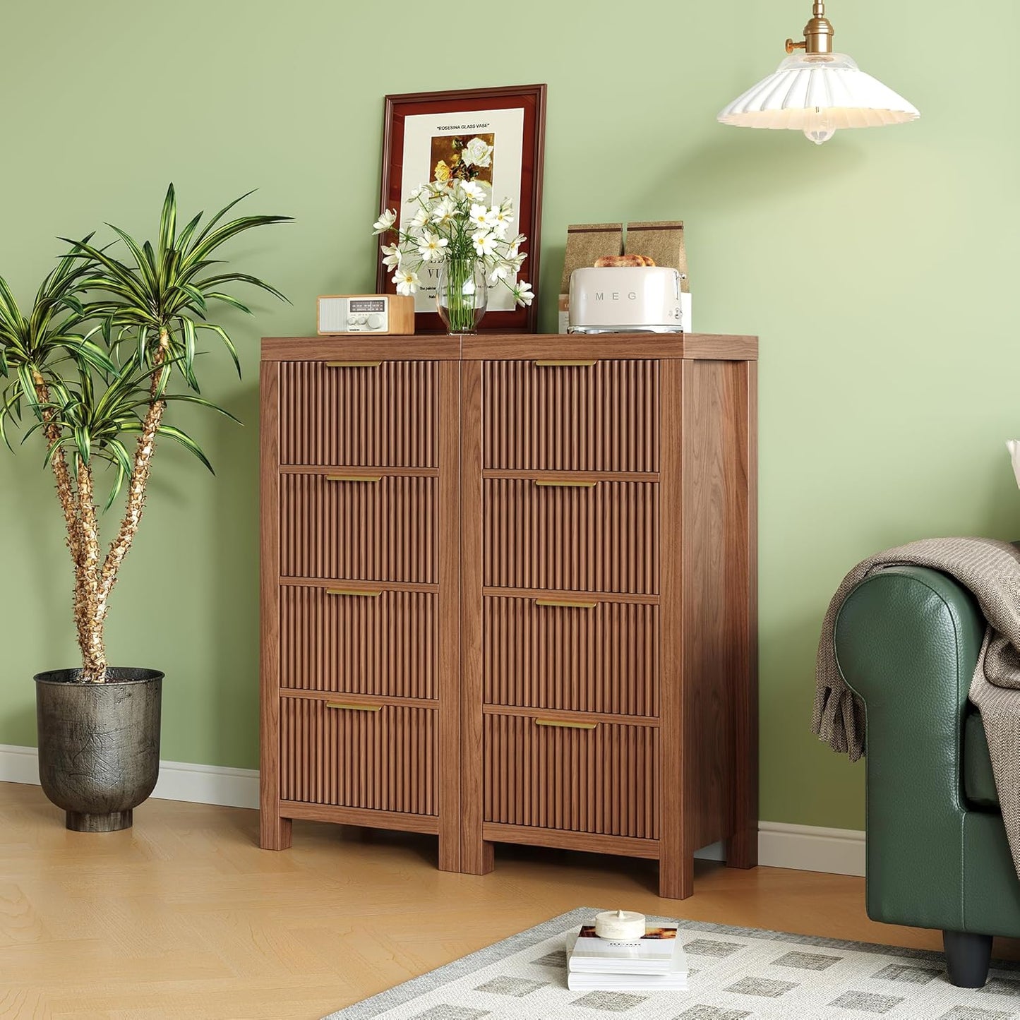 Mid-Century Fluted 8 Drawers Dresser, Modern Wooden Tall Dresser with Smooth Metal Handles, Storage Chest Clothes Organizer for Bedroom, Entryway & Office, Walnut X2