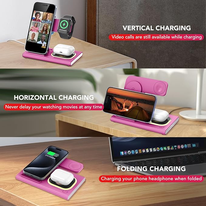 3 in 1 Charging Station for iPhone 17 - Wireless Charger for Apple Devices for iPhone 17 16 15 14 13 12 11 Pro Max - Foldable Wireless Charging Station Dock Stand for Apple Watch Series & AirPods