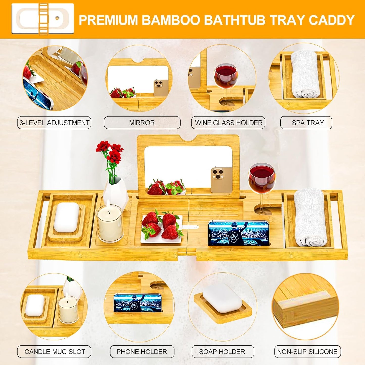 Premium Bathtub Tray Caddy with Makeup Mirror Bamboo - Bath Tray Expandable- Unique House Warming Gifts, New Home, Anniversary & Wedding Gifts for Couple, Bridal Shower Gift for Wome