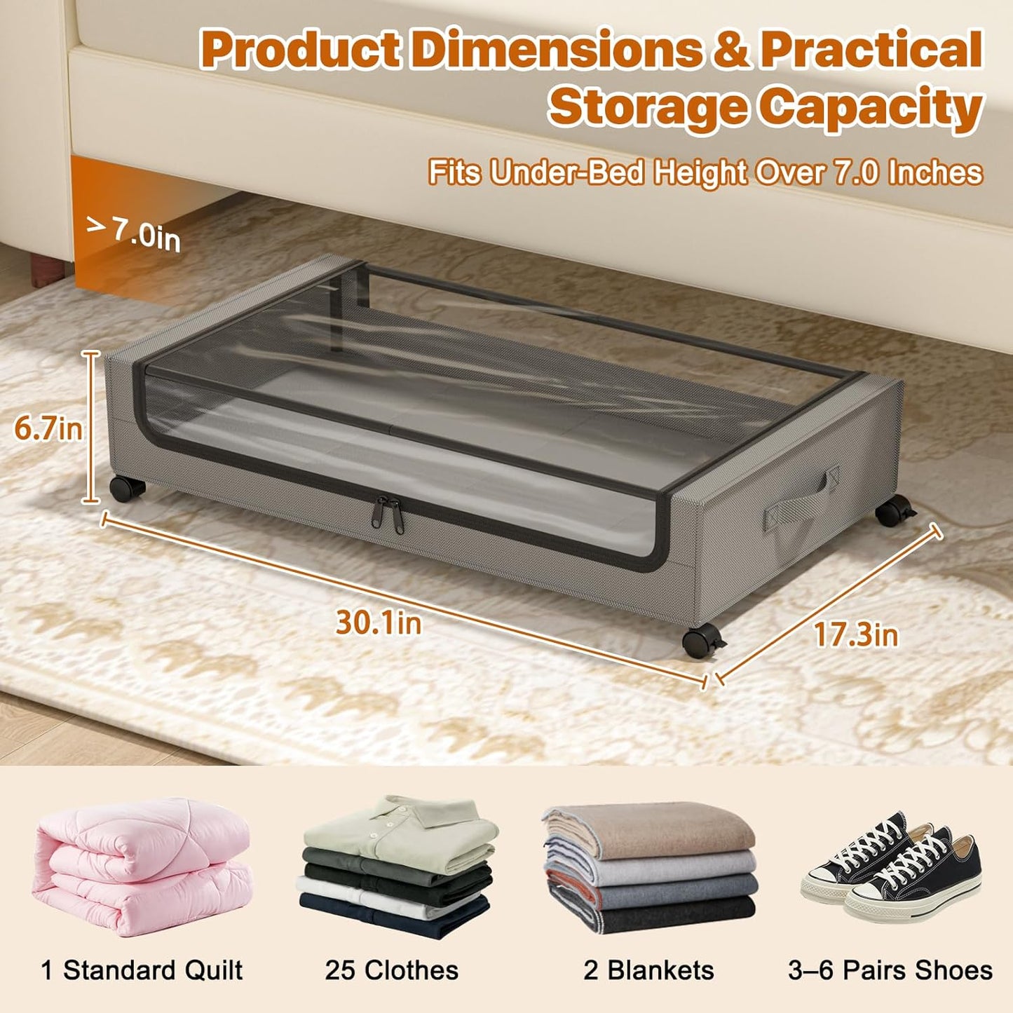 Under Bed Storage with Wheels,XXL 60L Under Bed Storage Containers with Clear Lids, Rolling Under Bed Metal Drawer for Clothes, Shoes,Toys(Gray, 2 Pack)