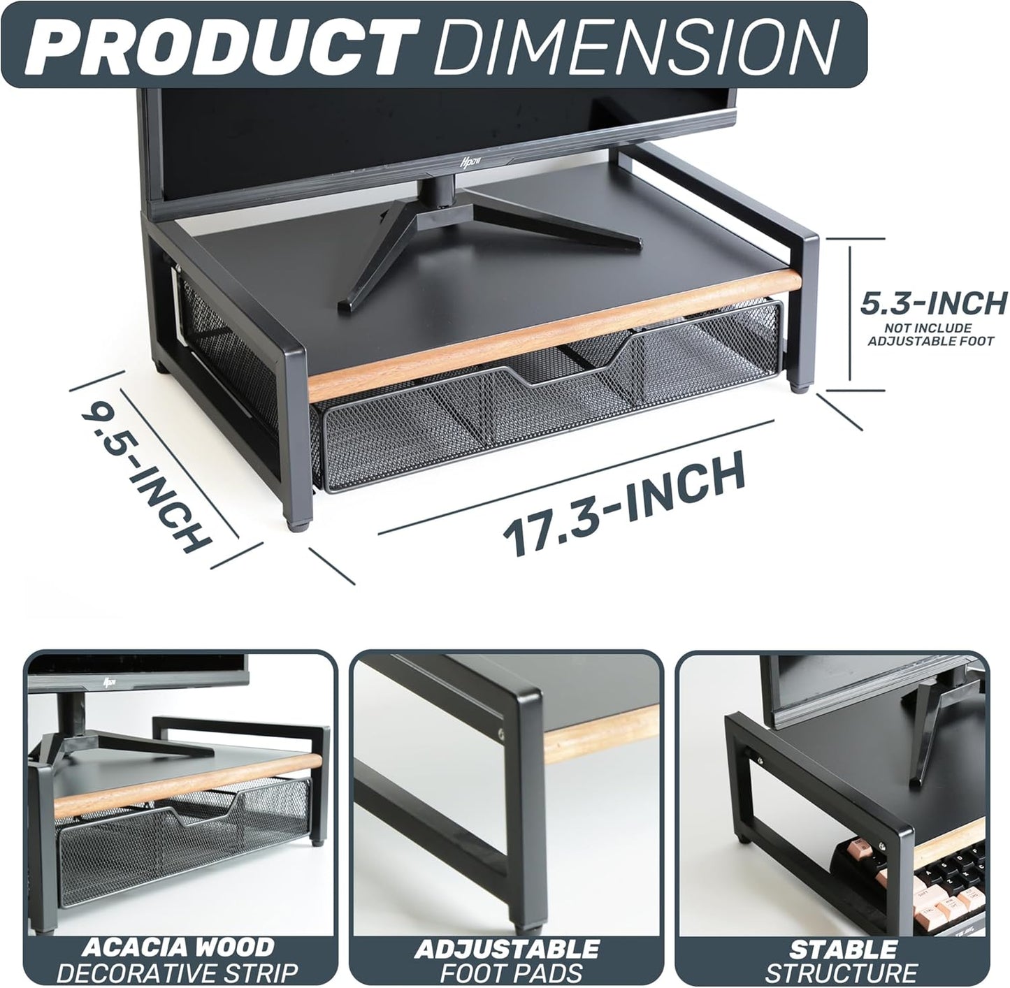 Monitor Riser,Monitor Stand for Desk -Metal Computer Riser with Solid Wood Decorative Strips.Desk Storage for Office, Home (with Storage)