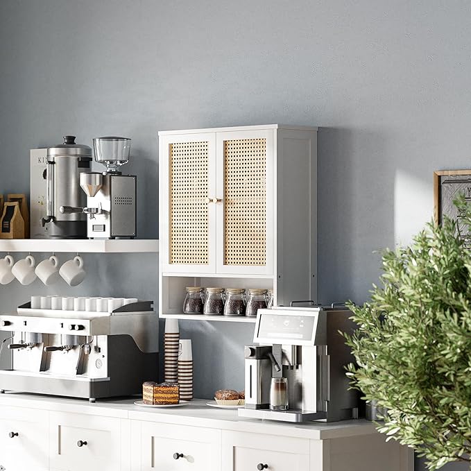 HITNET Bathroom Wall Cabinet, Rattan Medicine Cabinet, Bamboo Hanging Storage Organizer Over The Toilet with Adjustable Shelf for Living Room, Kitchen, Hallway(White)