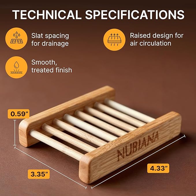 Nubiana Bamboo Soap Dish for Shower - Set of 2 Natural Wood Soap Holder with Drainage - Bar Soap Saver Tray for Bathroom Counter - Eco-Friendly Soap Dishes - 2 Pack