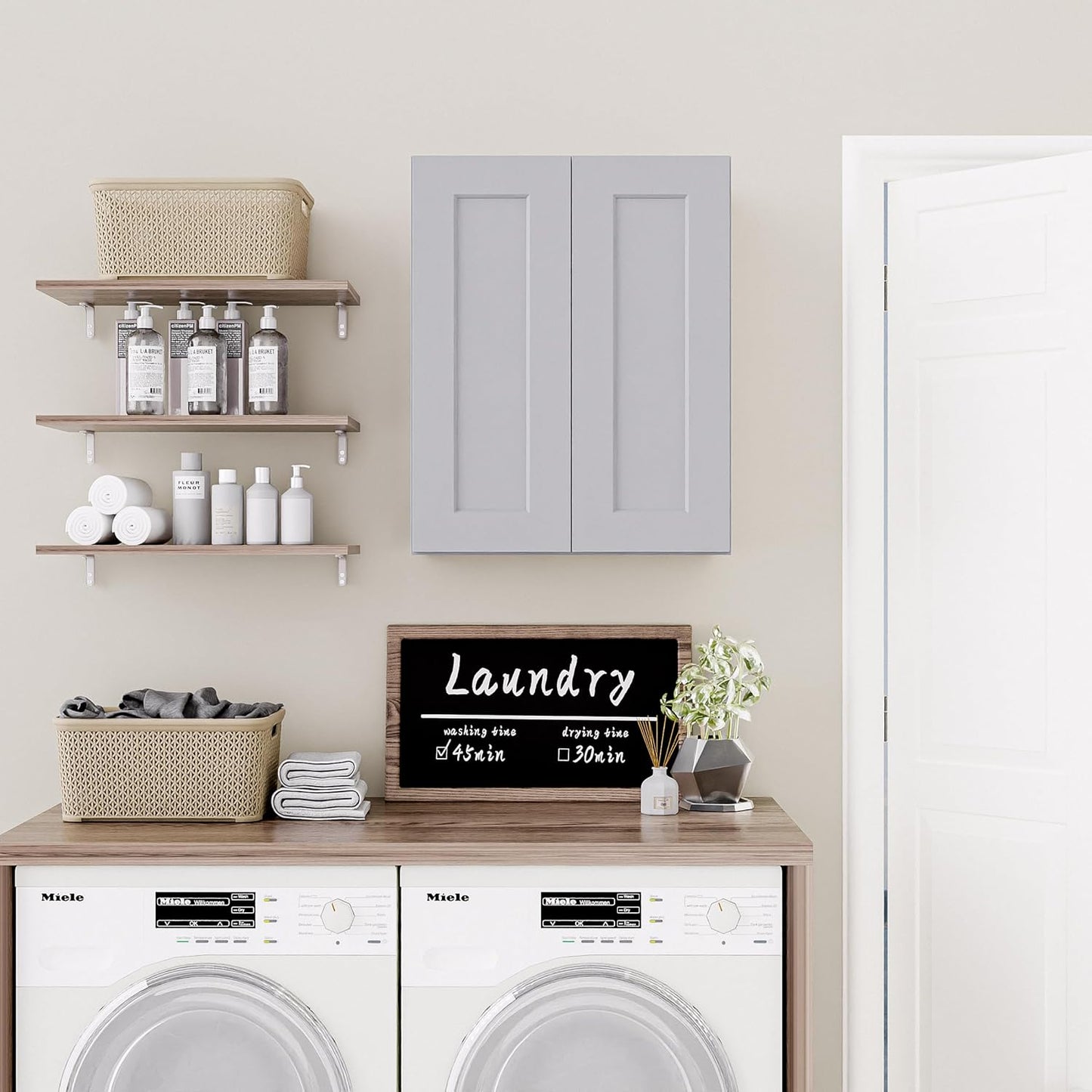 24 Inch Medicine Cabinet Wall Mounted, Solid Wood Over The Toilet Storage Cabinet, Bathroom Organizer Cabinets with 2 Door & Shelves, Easy to Assemble for Laundry Room, Kitchen, Garage - Dark Gray