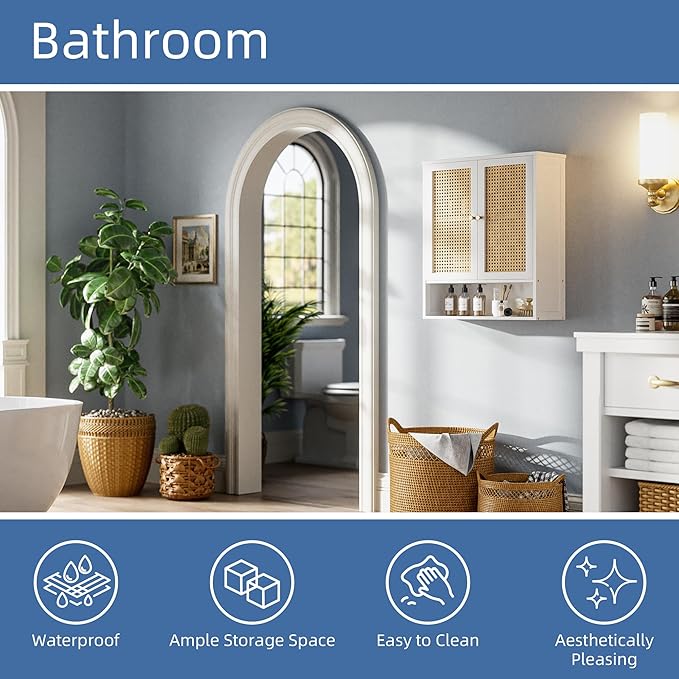 HITNET Bathroom Wall Cabinet, Rattan Medicine Cabinet, Bamboo Hanging Storage Organizer Over The Toilet with Adjustable Shelf for Living Room, Kitchen, Hallway(White)