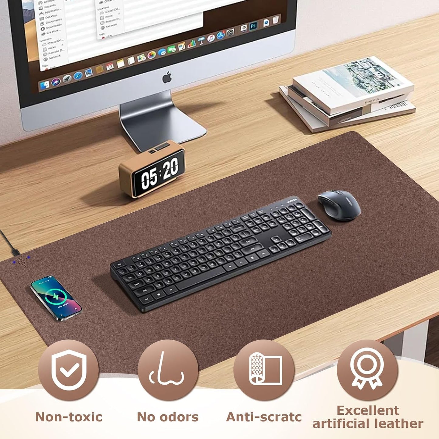Wireless Charging Mouse Pad Firelison 2 in 1 Leather Multifunctional Office Desk Pad with Non-Slip Rubber Base, Waterproof Desk pad for Computers/Office/Work/Home/Decor（ 36" x 17"Brown - L）