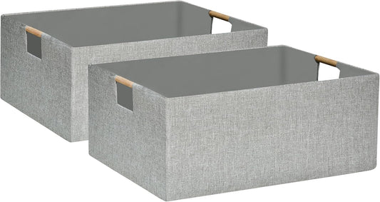 Collapsible Storage Box for Women - Foldable Home Organizer 16.9x12.5x7Inches with Wooden Handles | Closet, Bathroom & Kids Room Storage | Heavy-Duty Linen Fabric 2Pack
