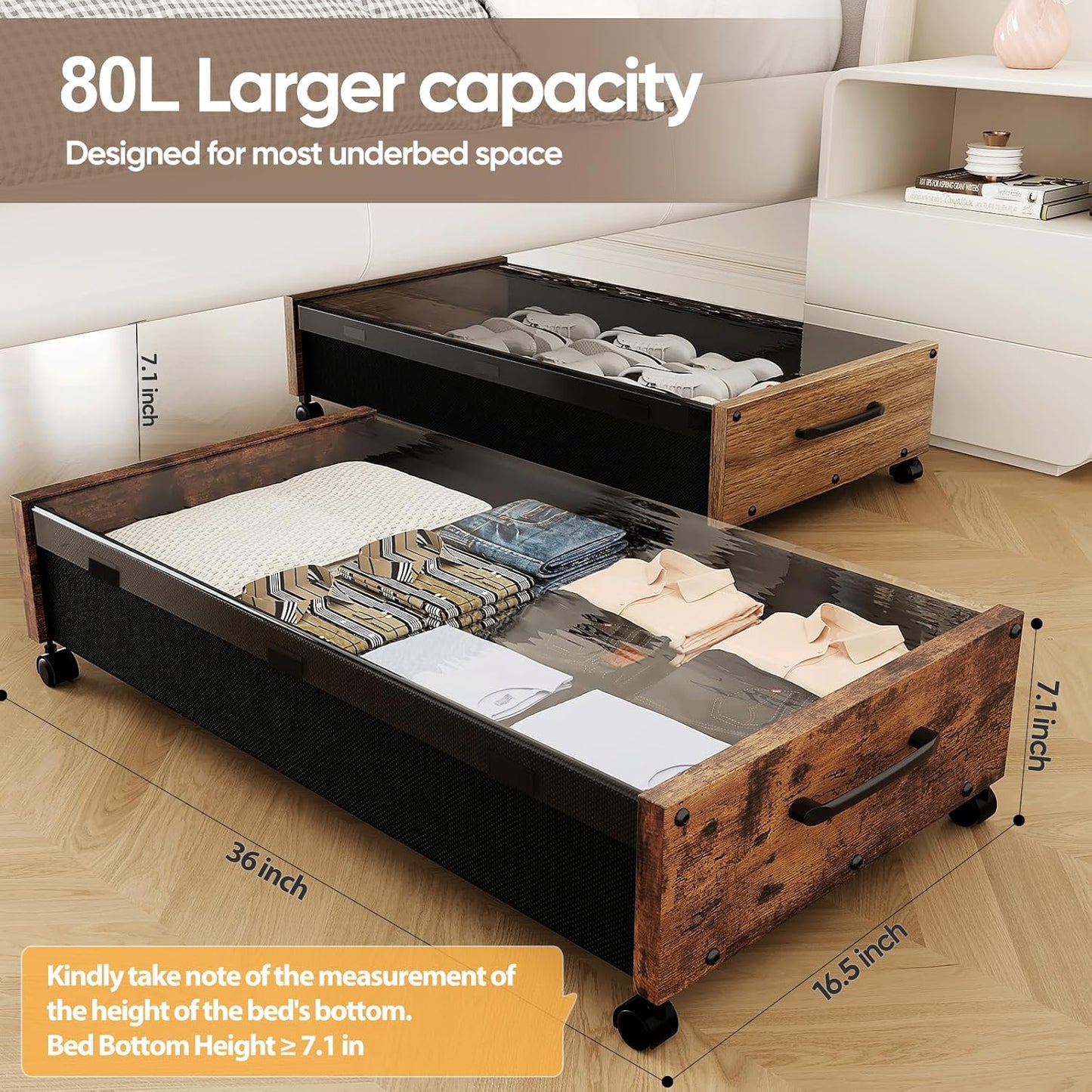 KITHELP Wooden Under Bed Storage with Wheels, 80L Extra-large Rolling Under the Bed Storage Bins 2 Pack with Removable Lid, Upgrade Metal Under Bed Drawers for Clothes Shoes Blankets in Bedroom