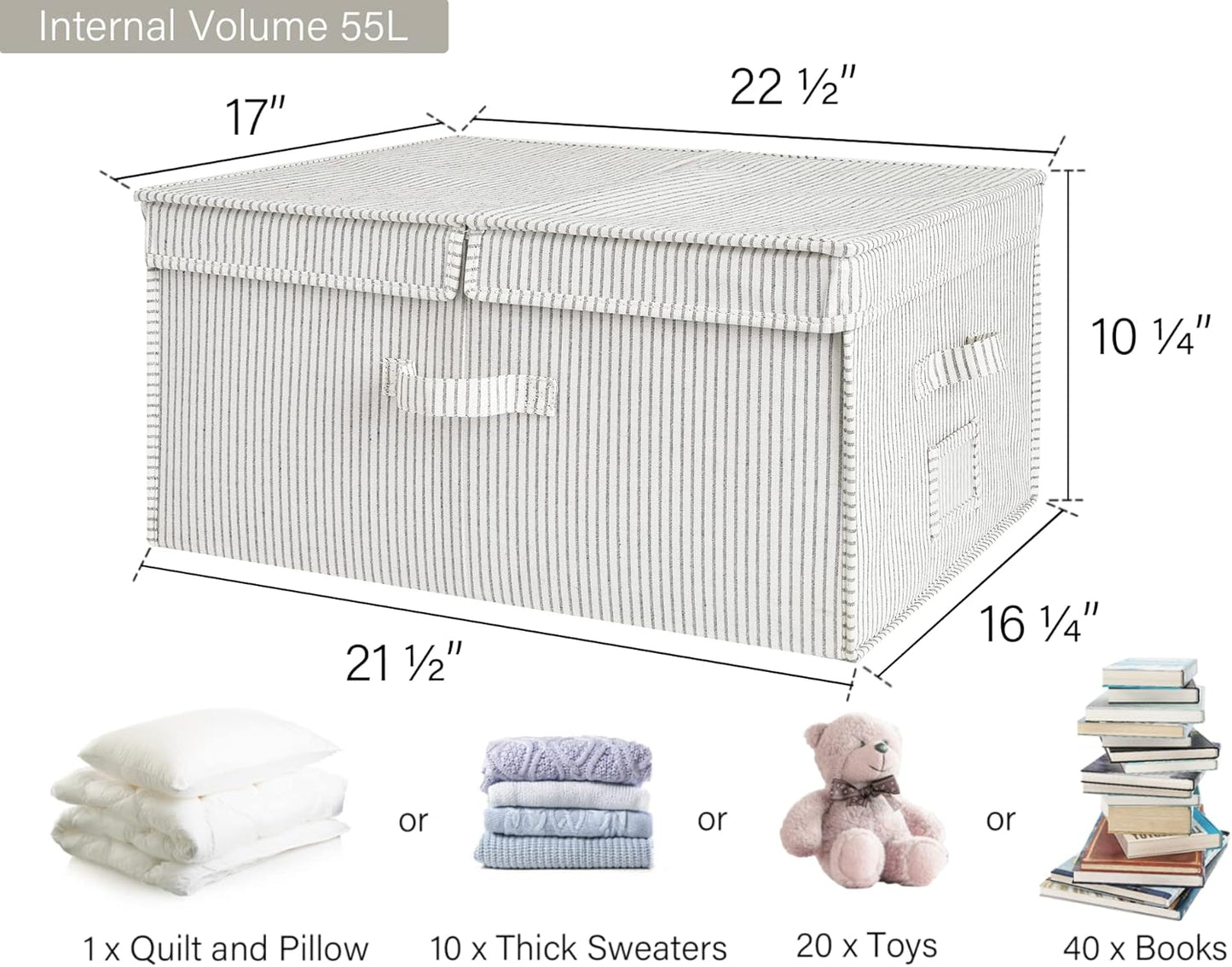 StorageWorks Extra Large Storage Bins with Lids, 55L Decorative Organizer with Divider Board, Fabric Boxes with Handles, Khaki and Beige Stripes, 2-Pack