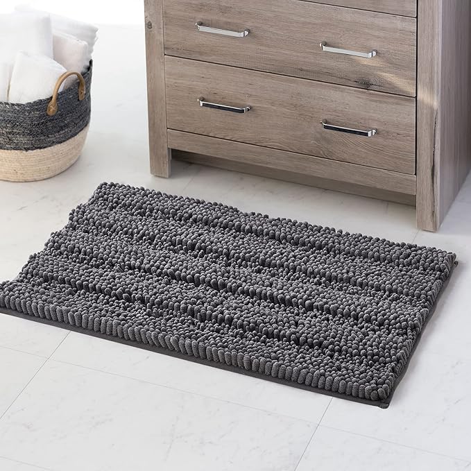 KGORGE Gray Bathroom Rugs - Non Slip Water Absorbent Washable Anti-Skid Super Soft Chenille Kitchen Mats for Living Room Bedroom Floor Small Area Bath Rugs for Tub Shower, 20" W x 32" L, 1Pc