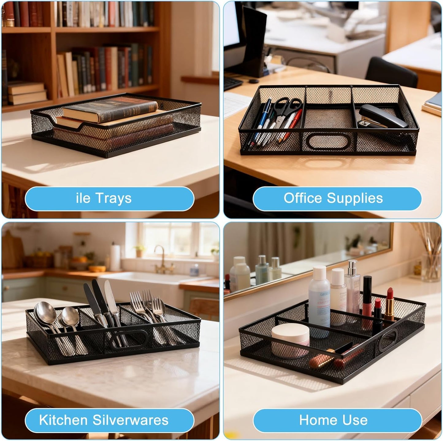 Office Drawer Organizer 2 Pack, Metal Mesh Set - Large Kitchen Drawer Organizer Tray, Adjustable Under Desk Storage for Papers, Office Supplies(Black)