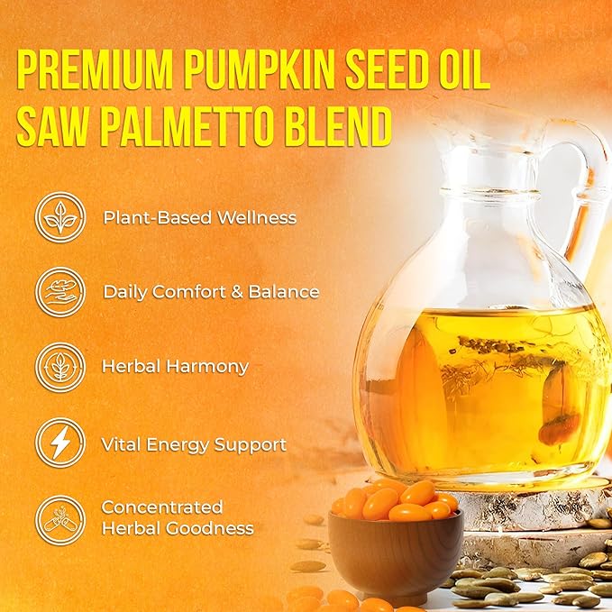 FreshDrinkUS, 330 Premium Pumpkin Seed Oil Softgels with Saw Palmetto, 3000mg Per Serving, Cold Pressed, Pure Virgin Oil, Great Hair Support, Non-GMO, Gluten-Free, Vegan
