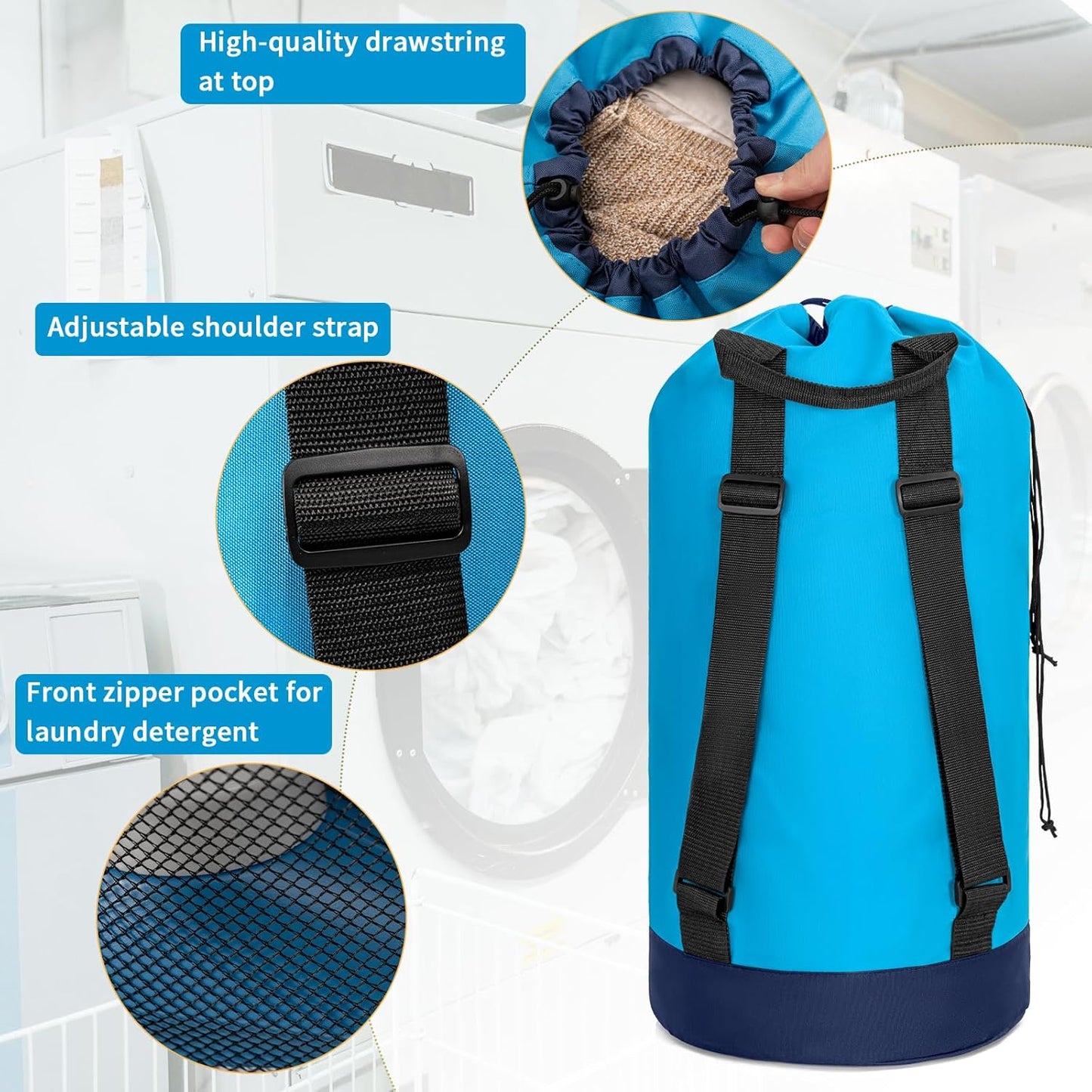 Laundry Bag Backpack with Shoulder Straps and Mesh Pocket Foldable Clothes Hamper Bag with Drawstring Closure for College, Apartment, Laundromat (Blue)
