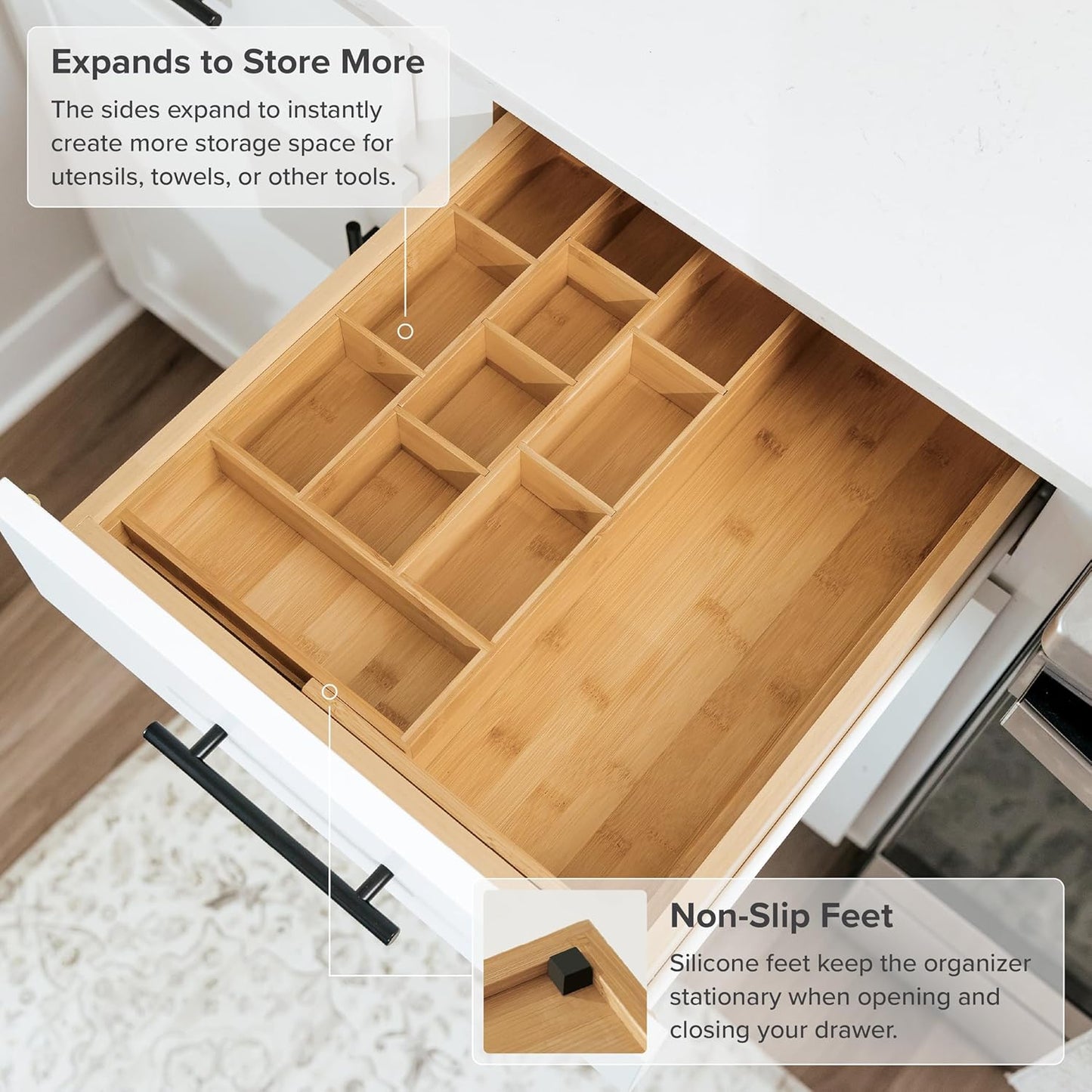 KitchenEdge Tea Bag and Coffee Pod Kitchen Drawer Organizer, Expandable 9.7 to 17 Inches, 10 Accessory Compartments with Adjustable Wall Inserts, Non-Slip Rubber Feet, 100% Sustainable Bamboo Wood