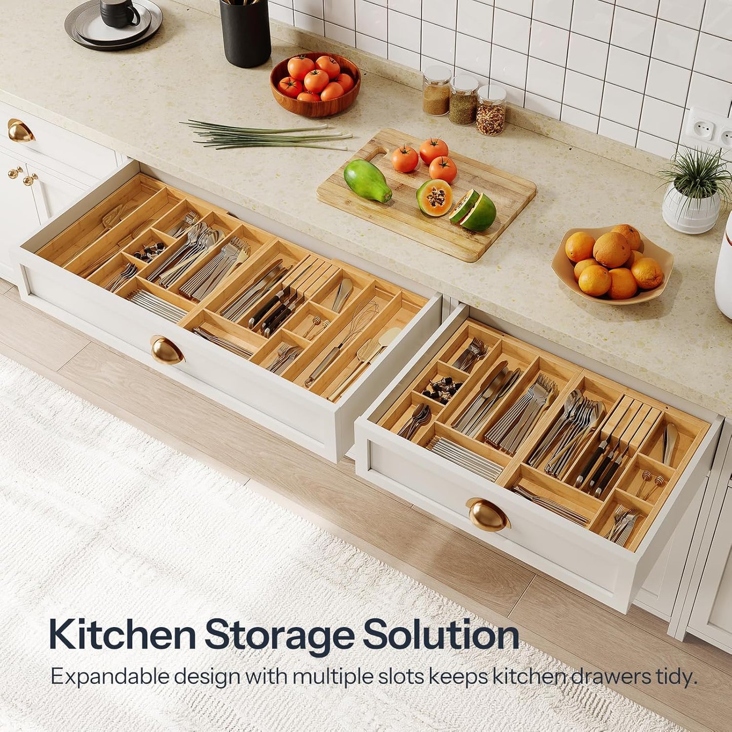 HO0BRO Large Silverware Organizer Kitchen Drawer Organizer, Magnetic Connected Expandable Utensil Organizer From 22 to 35 Inches, Bamboo 16 Slots Cutlery Tray with Knife Holder, Natural YL07TL01