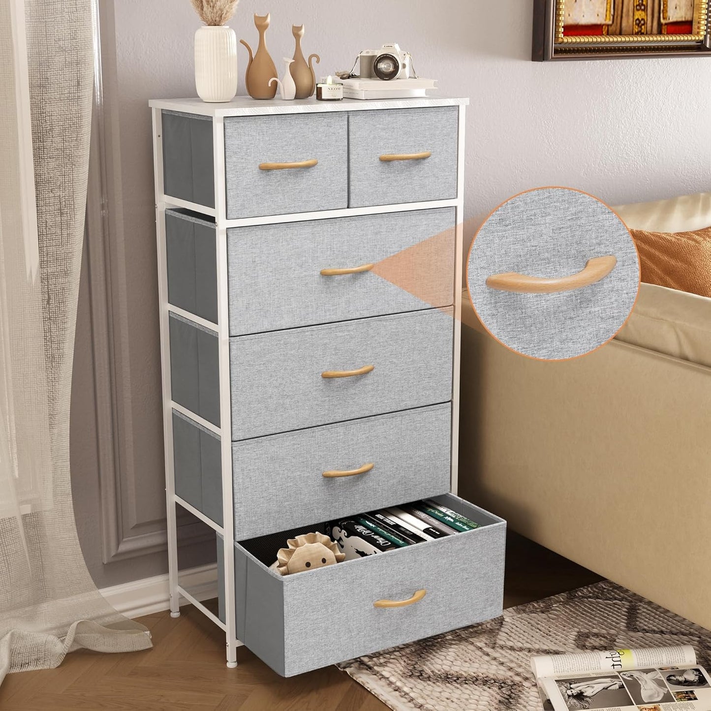 Fabric Dresser for Bedroom, Tall Skinny Dresser with 6 Drawers, Storage Organizer Tower, Steel Frame Wooden Top for Closet, Living Room, Hallway(Light Gray)