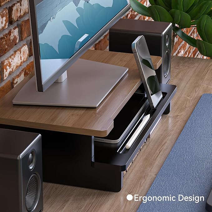 Monitor Stand Monitor Stand Riser for Desk,Wood Desk Shelf Storage Organizer with Phone Tablet Holder (16.5 Inch, Black & Dark Bamboo)