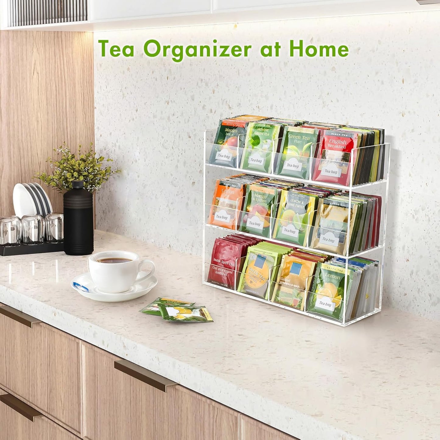BEYGORM Acrylic Tea Bag Organizer for 216 Tea Packets, No Assembly Required, Display Holder for Countertop or Cabinet