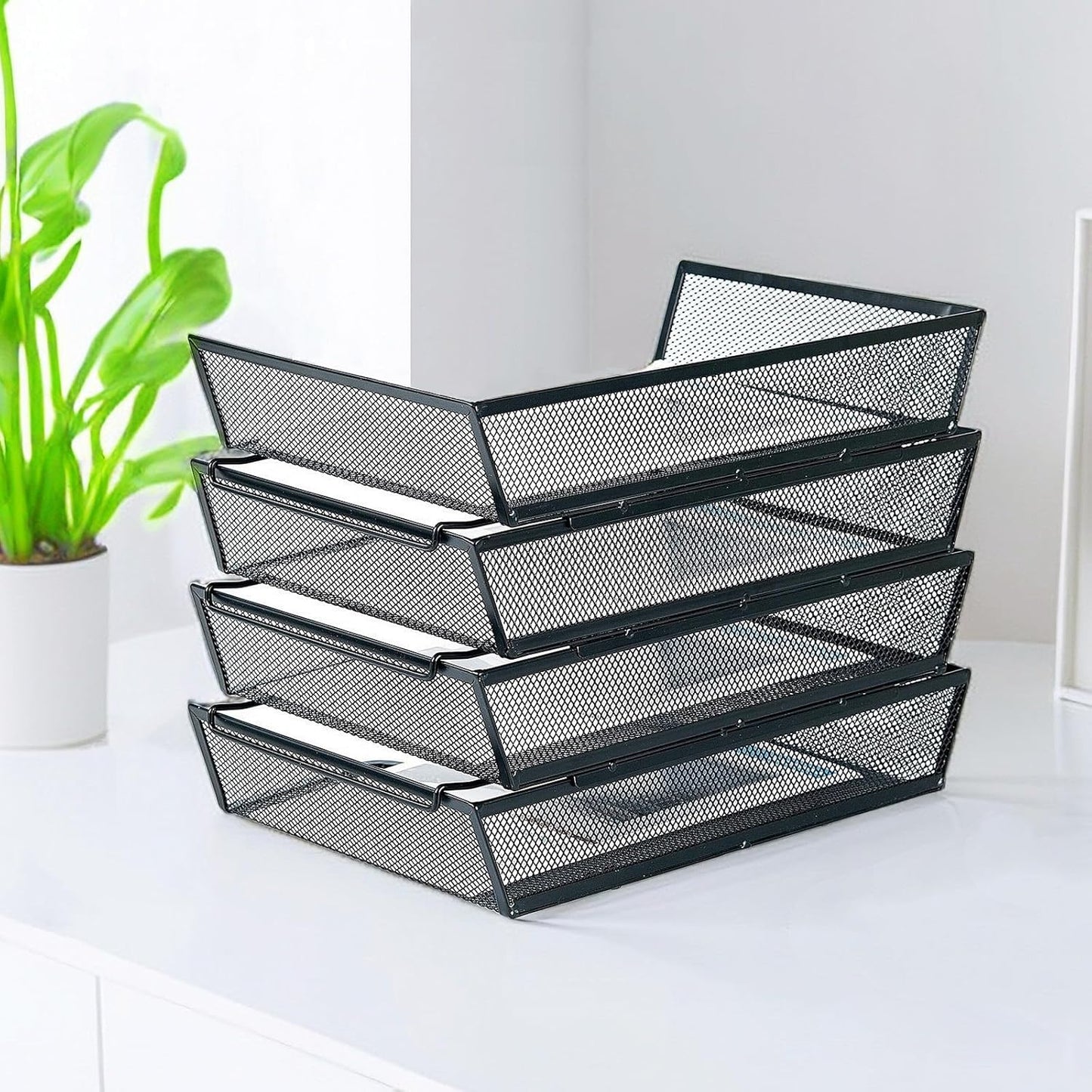 SETTFRFE 4 Tier Metal Mesh Desk Organizer-Stackable Letter Trays for Office Supplies,Black File Storage System with Reinforced Edges